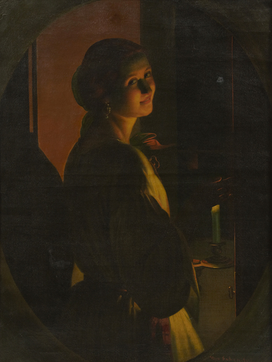Oil on canvas by Petrus Van Schendel (Belg., 1806-1870), titled ‘Young Woman by Candlelight.’ Crescent City Auction Gallery image.